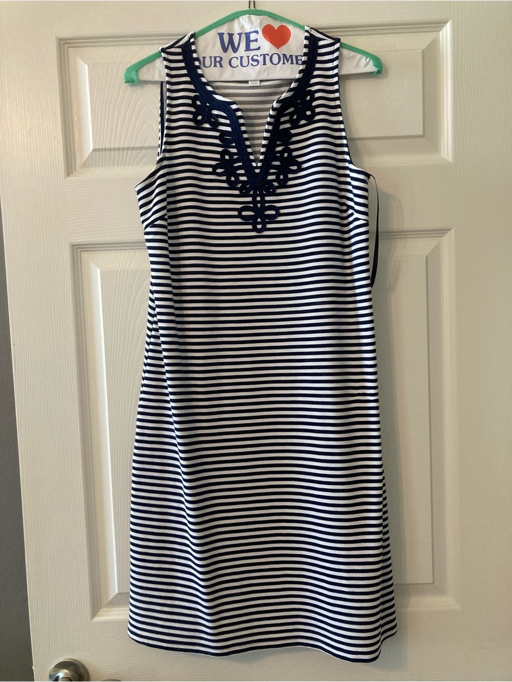 Navy & White Striped Sleeveless Embroidered Shift Dress